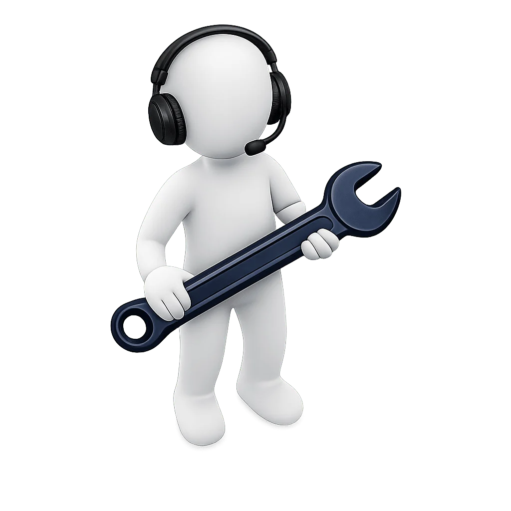 animerad figur som håller en blå skiftnyckel och har ett svart headset